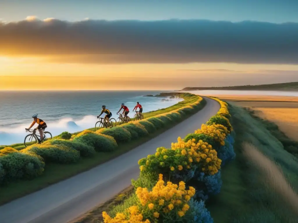 Un grupo diverso de ciclistas recorriendo la costa de Uruguay al atardecer, reflejando el turismo en bicicleta en Uruguay