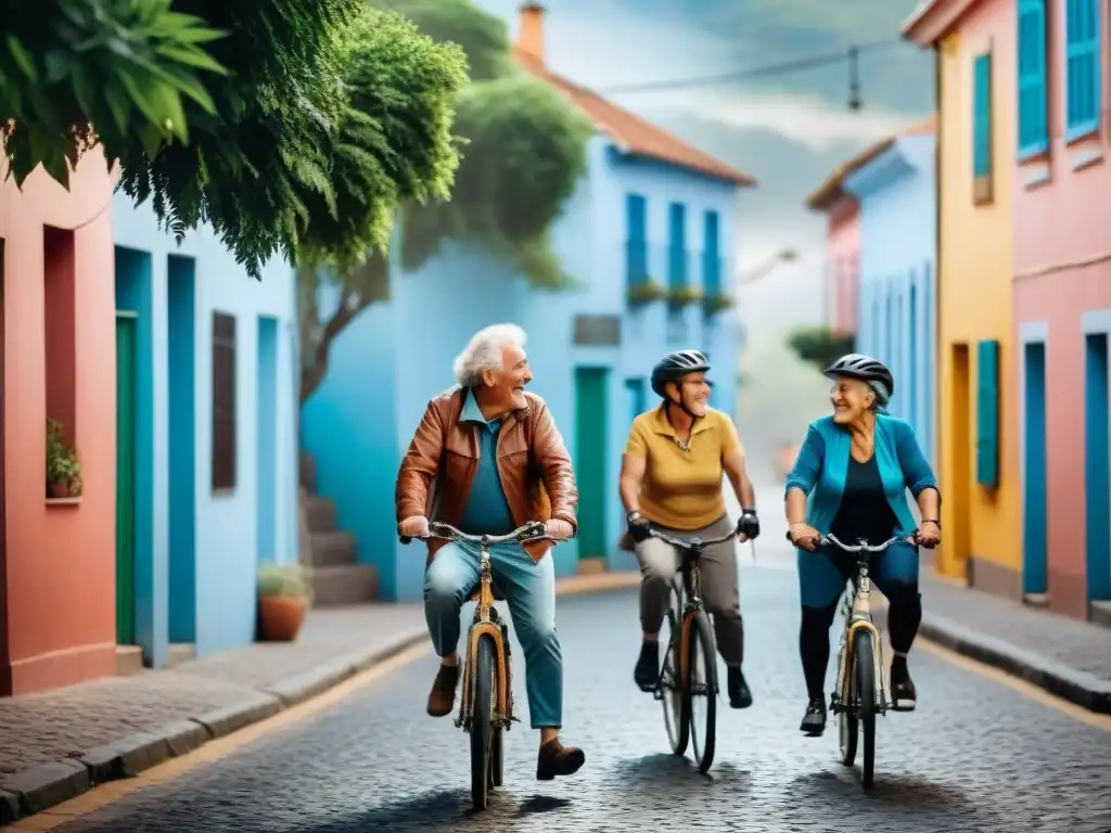 Grupo diverso de ciclistas riendo y charlando animadamente mientras pedalean juntos por una calle vibrante en Uruguay