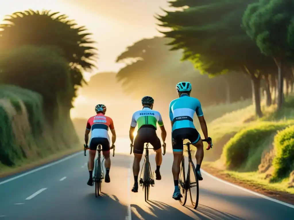 Un grupo diverso de ciclistas disfruta pedaleando juntos al atardecer en una carretera costera de Uruguay