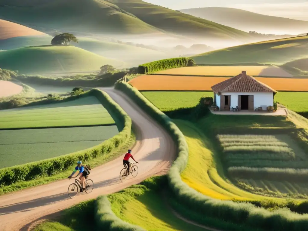 Un grupo diverso de ciclistas recorre una ruta de grava en Uruguay rural, rodeados de naturaleza exuberante y granjas tradicionales