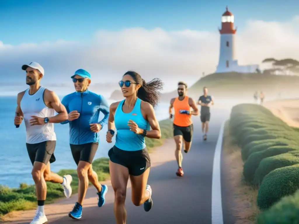 Grupo diverso de corredores en la costa de Punta del Este, Uruguay