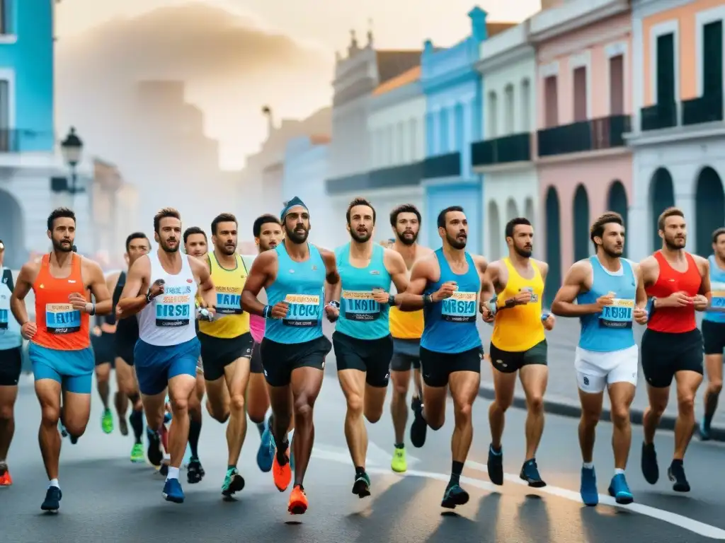 Un grupo diverso de corredores históricos en Montevideo, Uruguay, mostrando determinación y energía