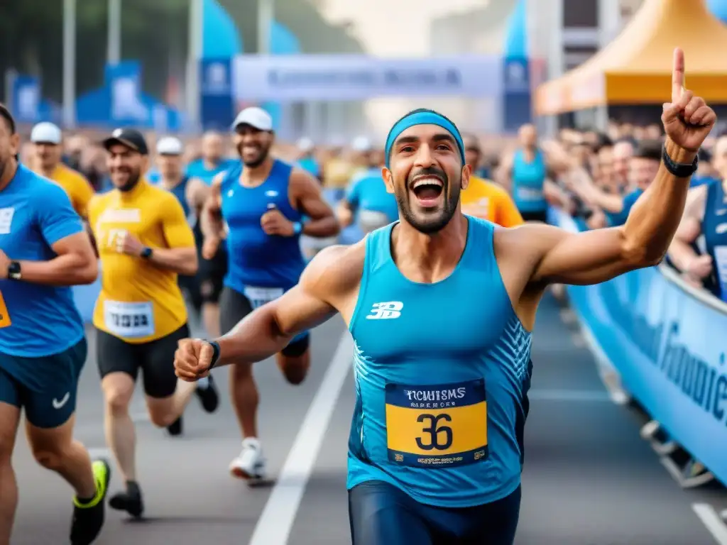 Grupo diverso de corredores cruza la meta en maratón inclusivo en Uruguay, mostrando unidad y alegría