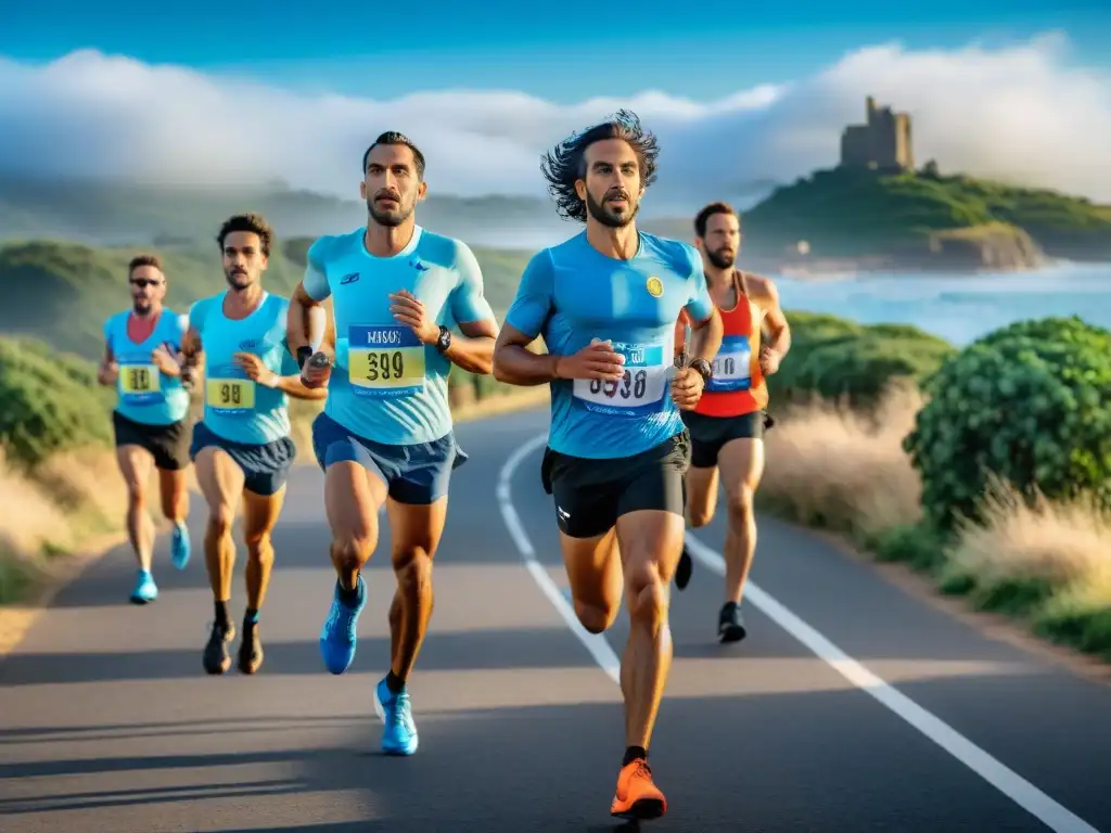 Grupo diverso de corredores de maratón en Uruguay 2023, pasando por paisajes impresionantes