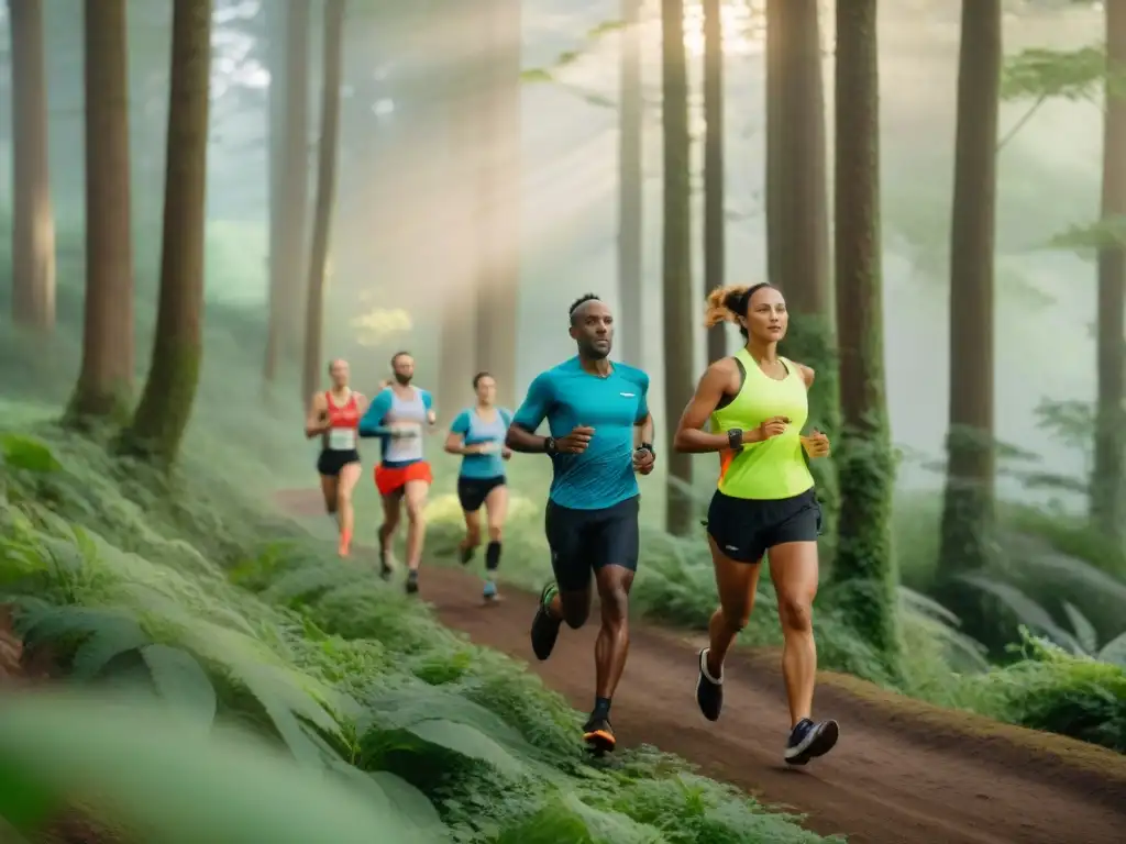 Un grupo diverso de corredores en Uruguay, vistiendo ropa ecológica, corriendo por un sendero en el bosque