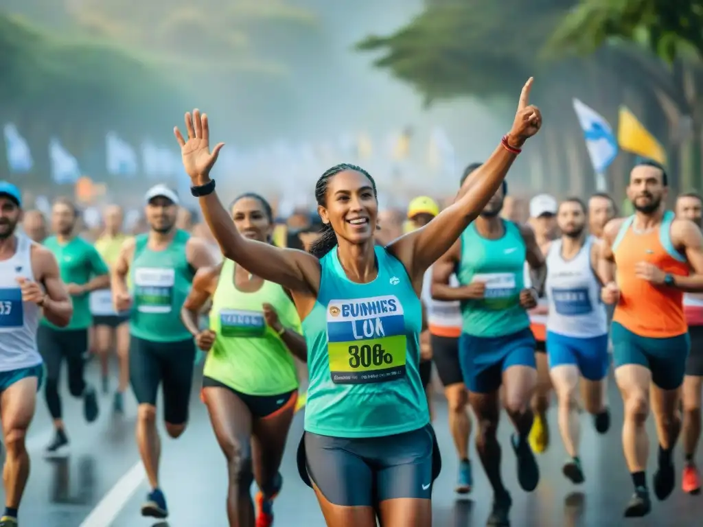 Un grupo diverso de corredores participa en un running solidario en Uruguay kilómetros, mostrando determinación y solidaridad