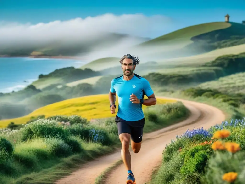 Corredores diversos en paisaje natural de Uruguay Grupo diverso de corredores en Uruguay, unidos en rutas de running entre naturaleza exuberante