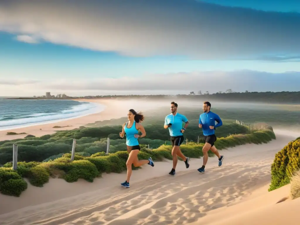 Grupo diverso de corredores disfrutando del turismo deportivo en Uruguay, trotando en la costa de Punta del Este al amanecer