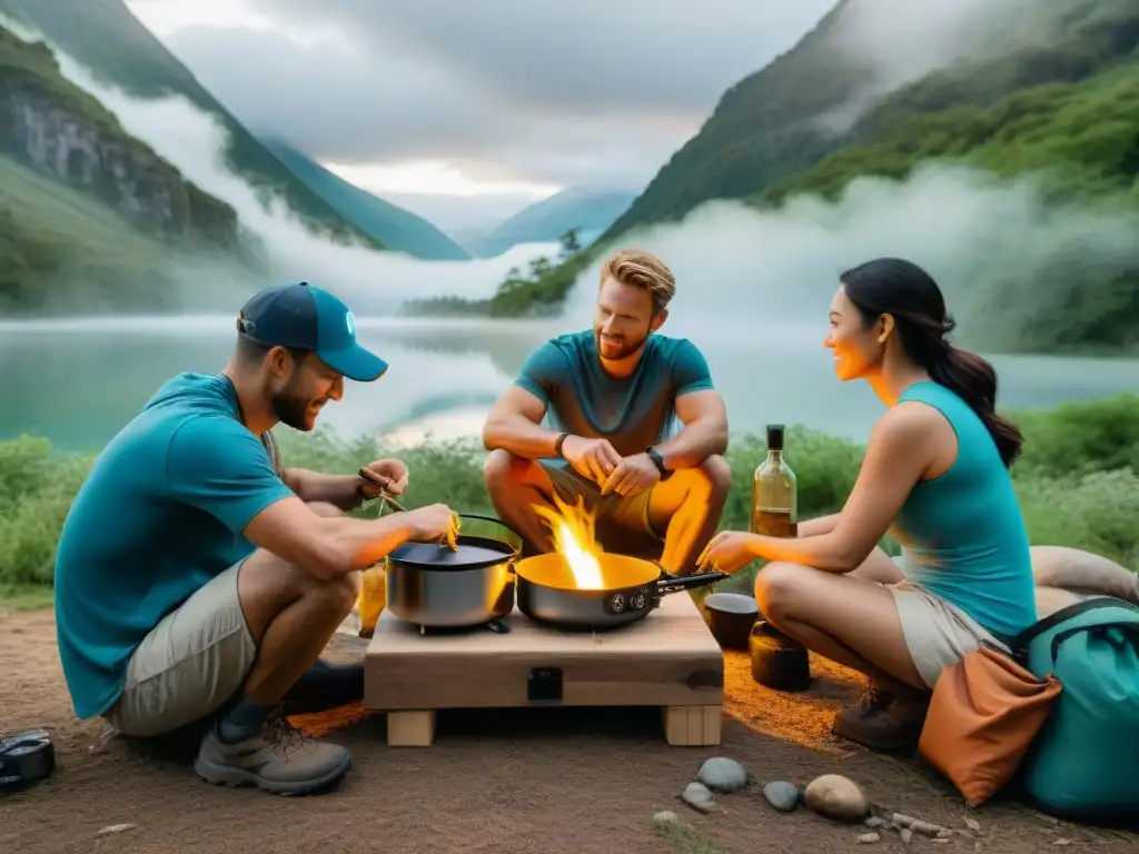 Un grupo diverso de entusiastas al aire libre cocinando juntos en un entorno natural con sistemas de cocina portátiles