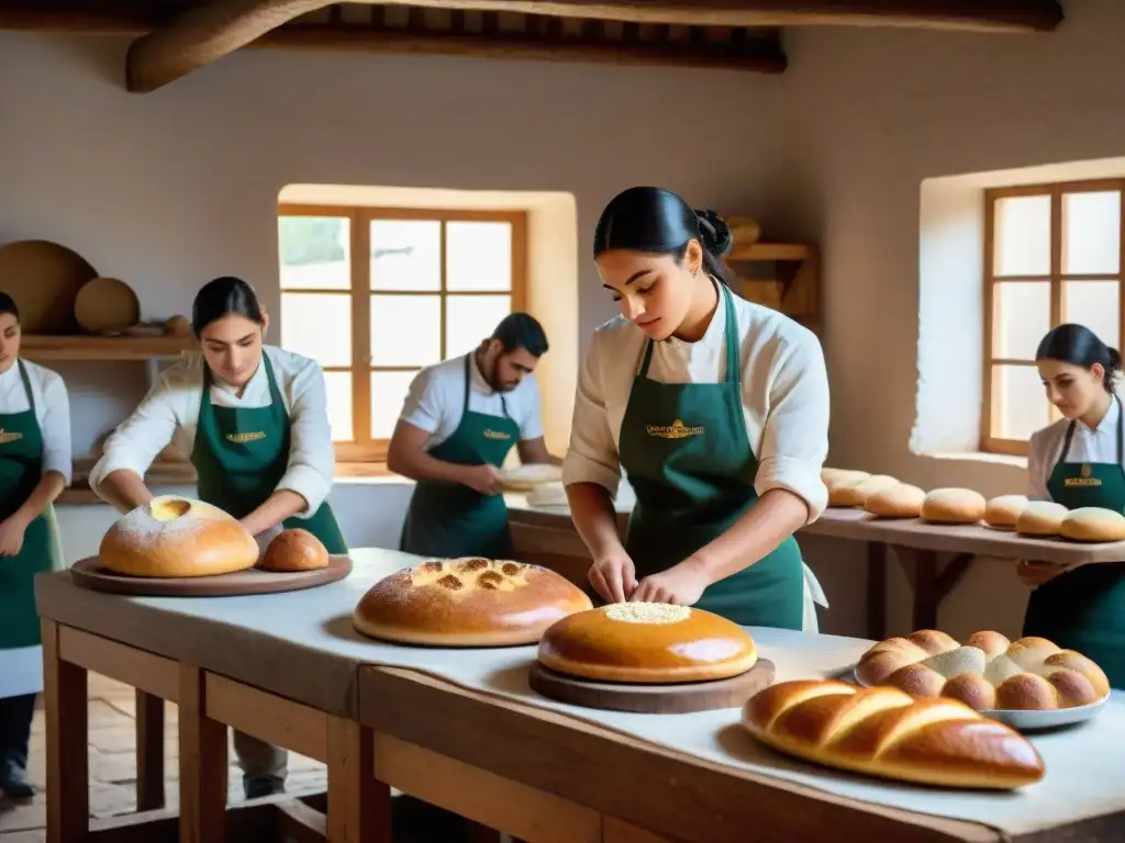 Un grupo diverso de estudiantes en un aula de panadería uruguaya auténtica, concentrados en aprender