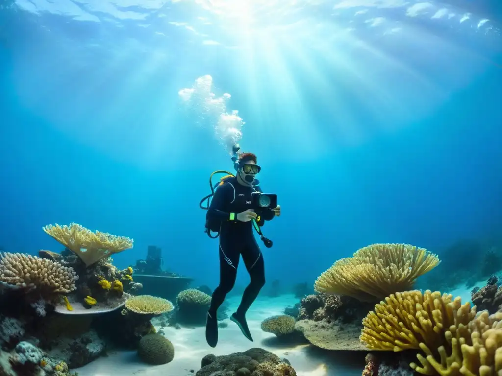 Un grupo diverso de estudiantes entusiastas de fotografía submarina en las costas de Uruguay, rodeados de arrecifes de coral y vida marina colorida, ajustando cámaras y compartiendo experiencias bajo el agua
