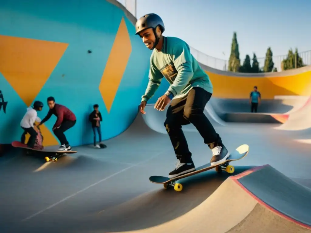 Grupo diverso de estudiantes practicando skate y BMX en un moderno skatepark en Uruguay, con graffitis de fondo