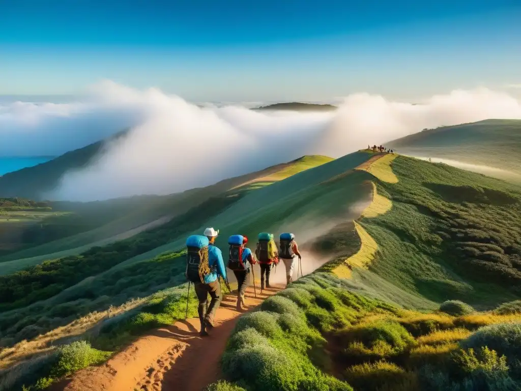 Exploradores en Uruguay: Tradición y modernidad en hidratación Grupo diverso de excursionistas en Uruguay, algunos con cantimploras tradicionales y otros con sistemas modernos de hidratación, en paisaje escénico