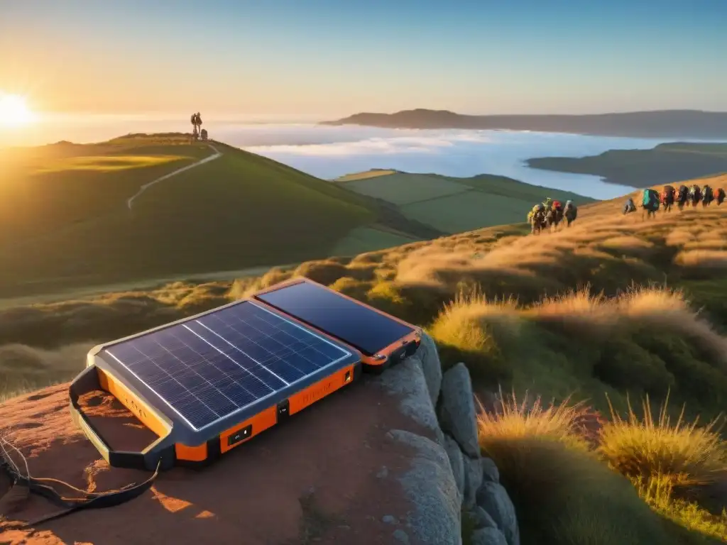 Un grupo diverso de excursionistas en Uruguay equipados con dispositivos de energía solar portátiles, disfrutando de la naturaleza al atardecer