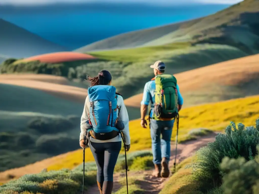 Un grupo diverso de excursionistas en Uruguay con mochilas de aventura resistentes, listos para la travesía entre colinas y cielo azul