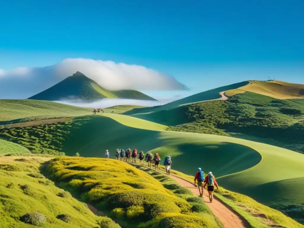 Grupo diverso de excursionistas explorando los paisajes verdes de Uruguay