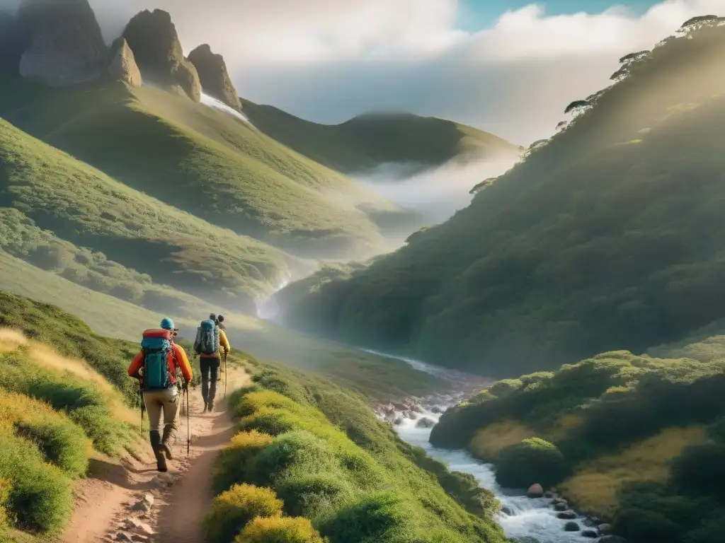 Un grupo diverso de excursionistas con prendas técnicas para clima uruguayo explorando terrenos variados