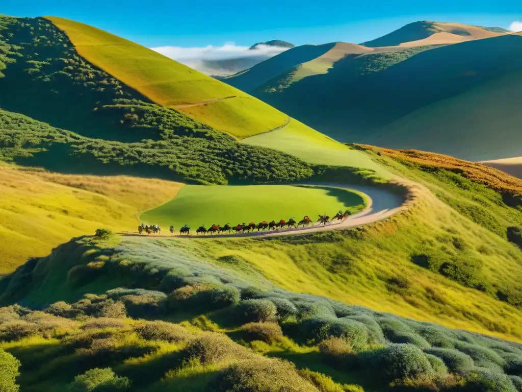 Un grupo diverso de excursionistas recorre un valle verde en Uruguay, creando un vínculo especial en sus rutas de senderismo