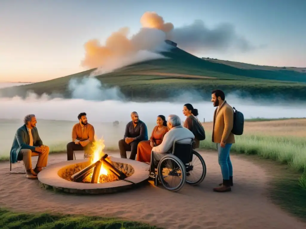 Inclusividad alrededor del fuego: diversidad y accesibilidad en Uruguay Un grupo diverso disfruta alrededor de una fogata en cabañas accesibles en Uruguay