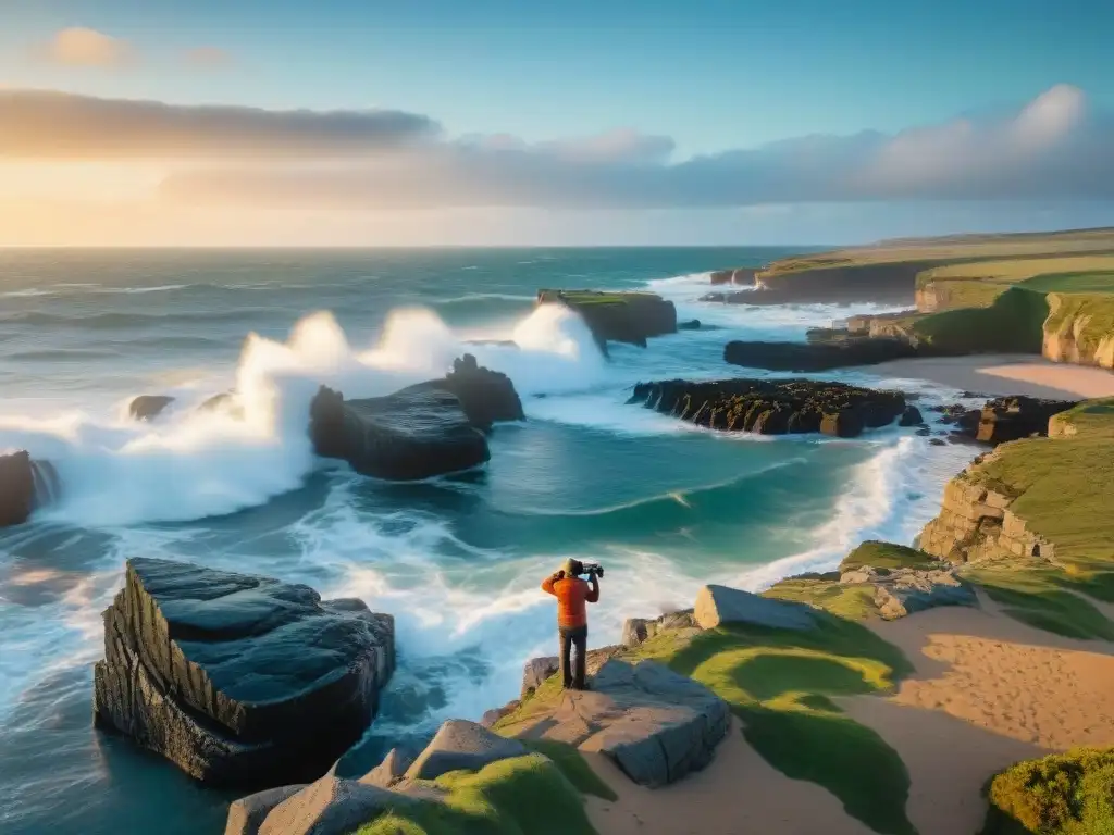 Un grupo diverso de fotógrafos se prepara con su equipo en la costa de Uruguay al atardecer, mientras capturan la belleza natural