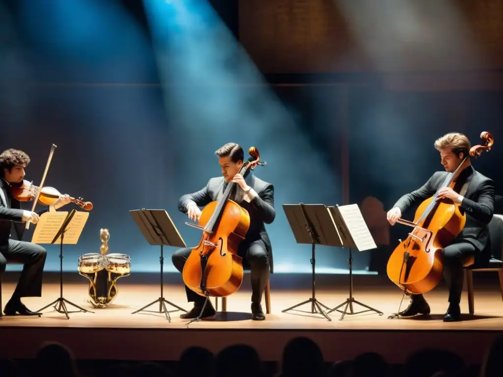 Un grupo diverso de jóvenes músicos de la Orquesta Juvenil de Uruguay tocando apasionadamente en un escenario, conectando en armonía