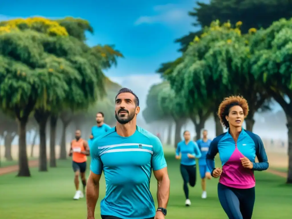 Grupo diverso en Montevideo, Uruguay, estirándose juntos en parque verde antes de maratón