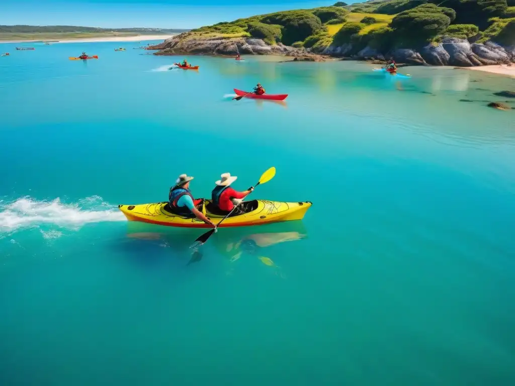 Grupo diverso de kayakistas disfruta evento kayak Uruguay en costa colorida y vibrante