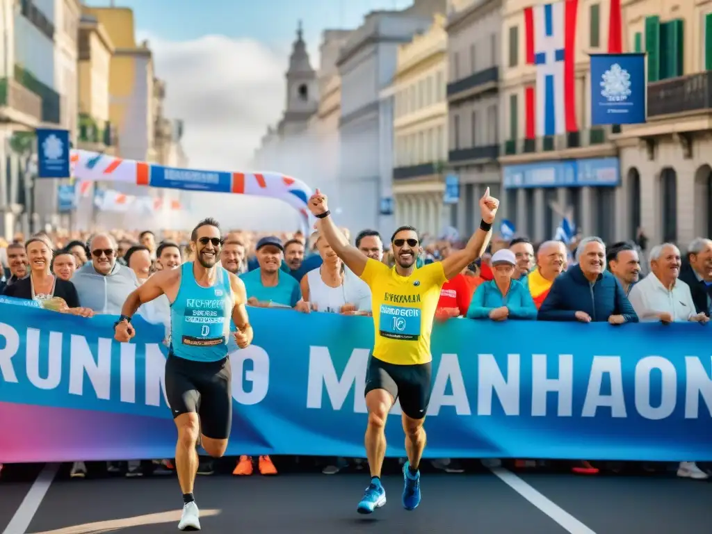 Grupo diverso cruza meta de maratón solidaria en Uruguay, con apoyo y paisajes icónicos de Montevideo al fondo