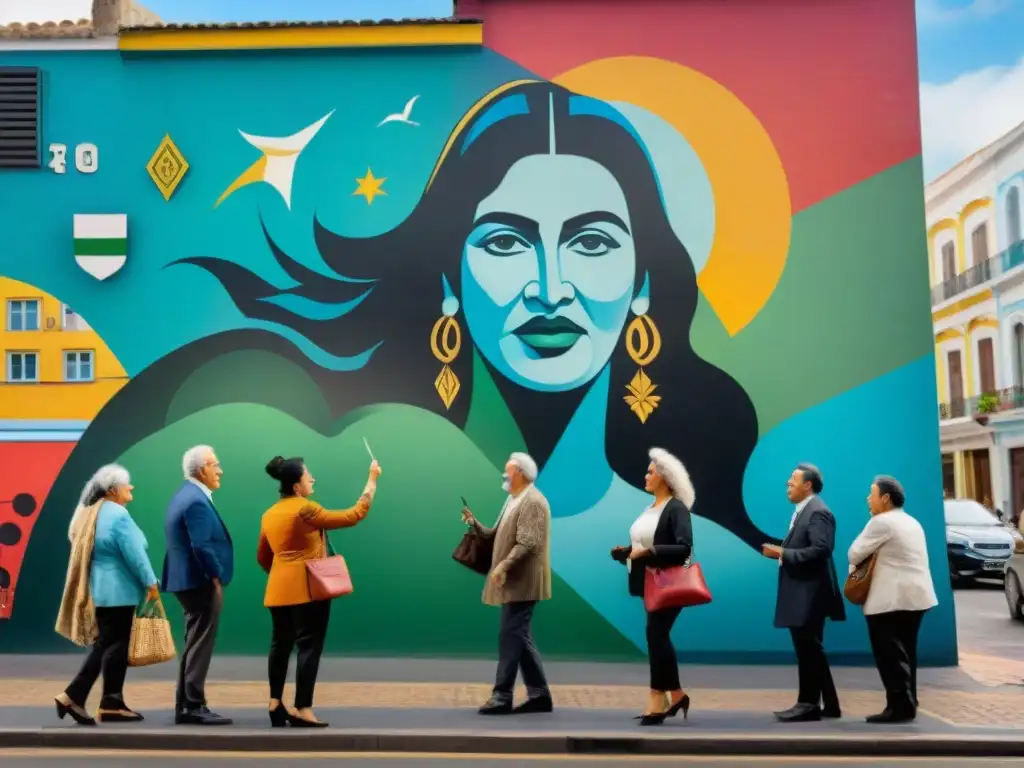 Grupo diverso admira mural en Montevideo, Uruguay, destacando historia y cultura del país