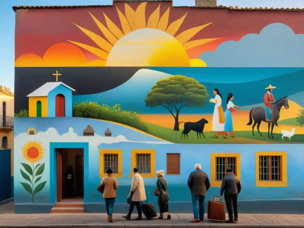 Grupo diverso restaurando mural histórico en barrio de Uruguay al atardecer, protegiendo patrimonio cultural