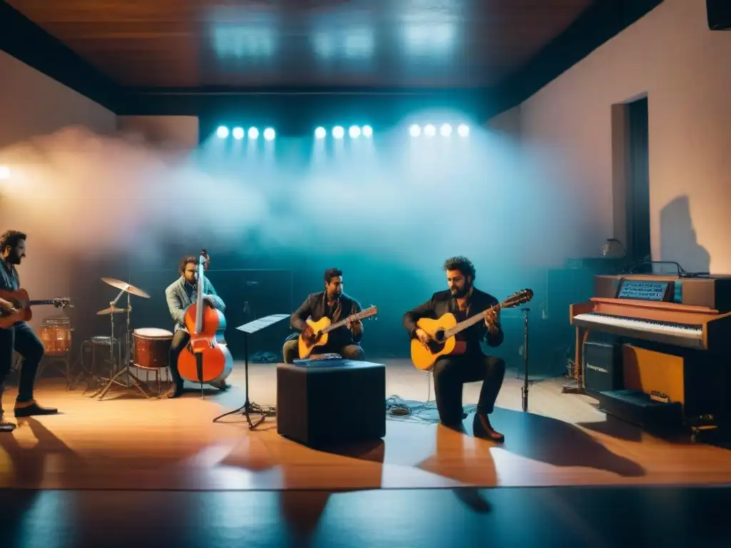 Grupo diverso de músicos uruguayos inmersos en su música en un espacio de ensayo atmosférico