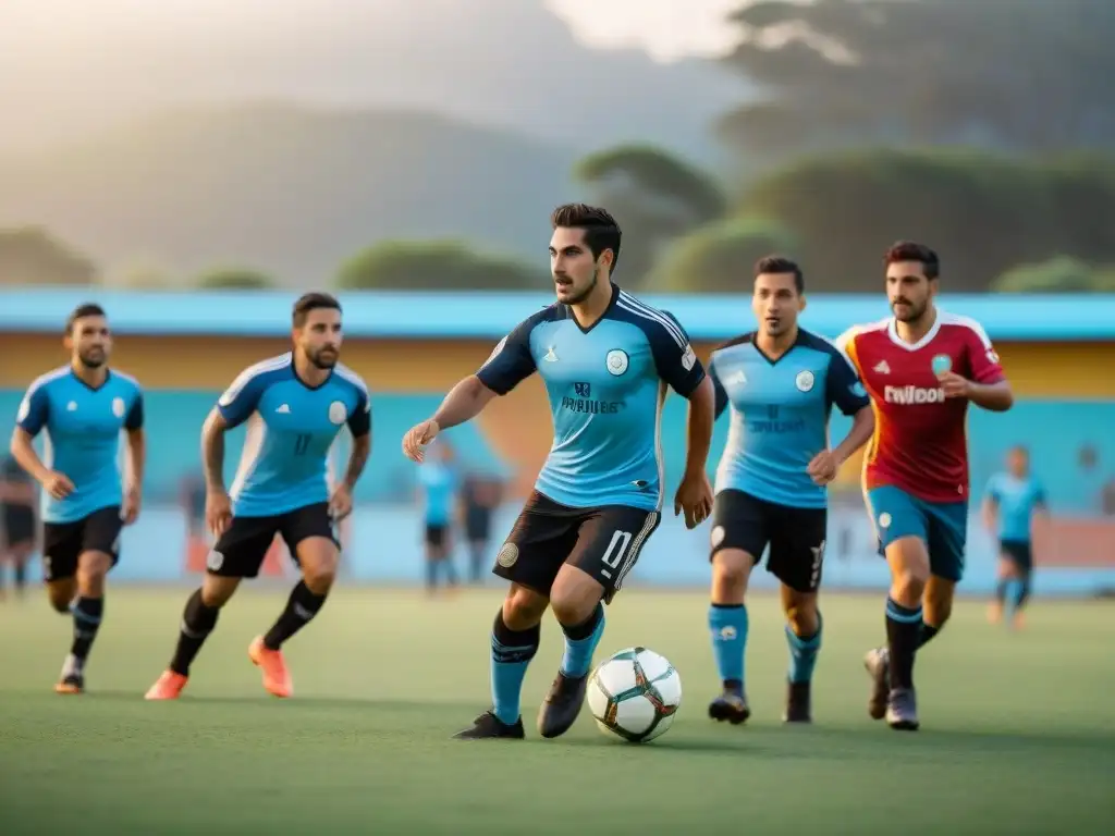 Un grupo diverso de niños de Uruguay jugando fútbol en un campo comunitario, reflejando la unión de iniciativas sociales de clubes en Uruguay