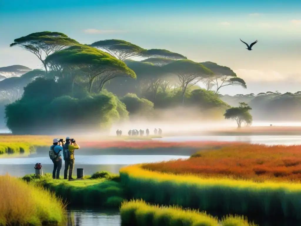 Un grupo diverso de observadores de aves admira la belleza del humedal uruguayo