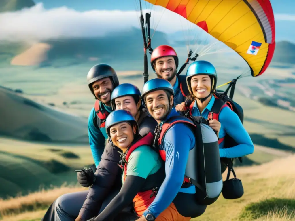 Un grupo diverso de personas con discapacidades sonríe, listo para un emocionante vuelo en parapente accesible en Uruguay