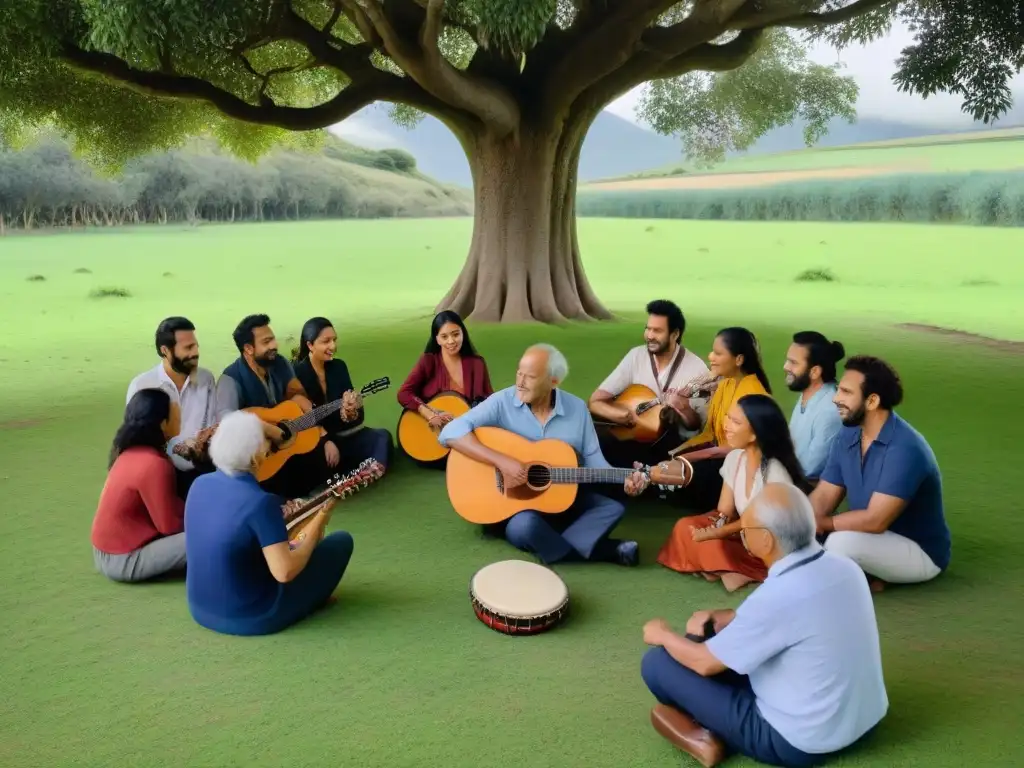 Un grupo diverso de personas participa en un taller de música autóctona Uruguay bajo un árbol en un campo verde