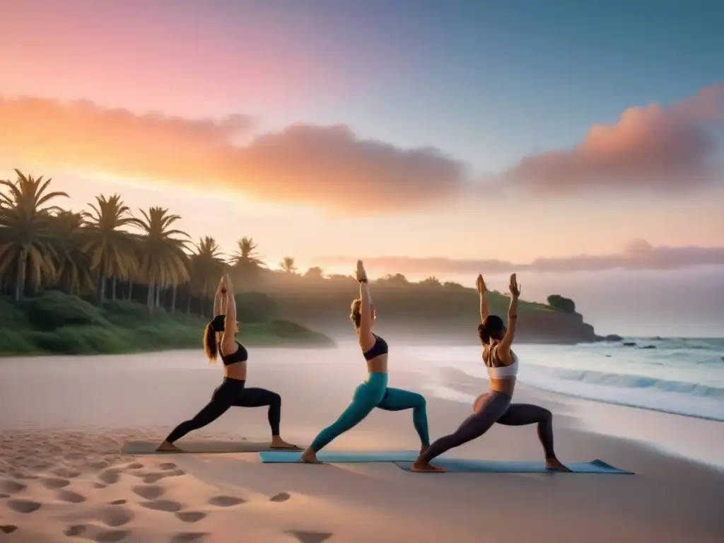 Un grupo diverso practica yoga al amanecer en una playa de Uruguay