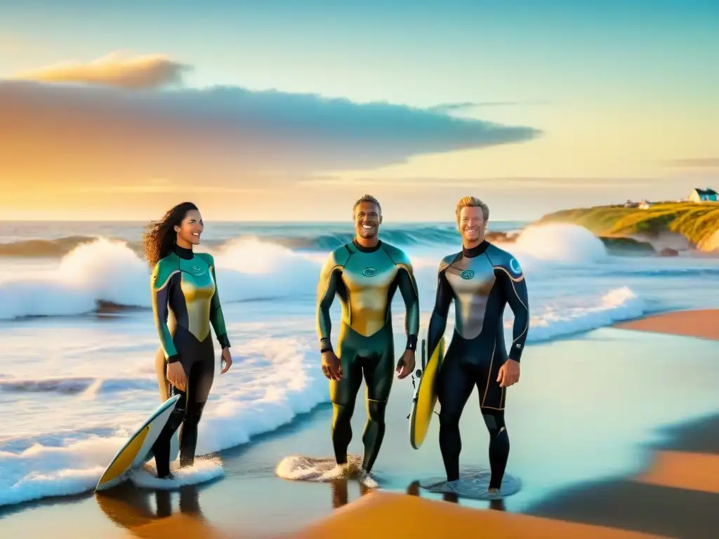 Grupo diverso surfeando en Punta del Diablo al atardecer, reflejando el espíritu del turismo de aventura en Uruguay