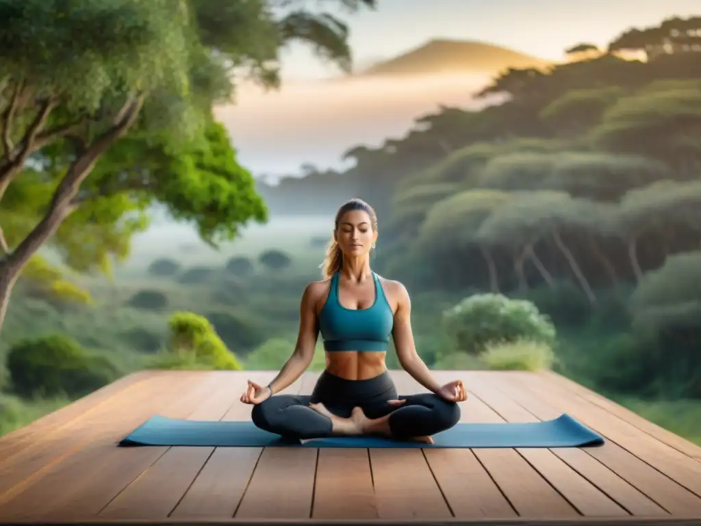 Grupo diverso practica yoga al amanecer en retiro de yoga en Uruguay, rodeado de naturaleza exuberante y paz