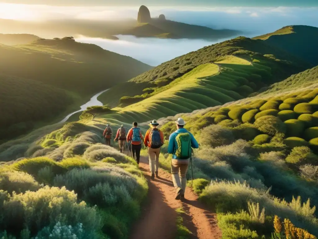 Un grupo diverso de senderistas en paisajes verdes de Uruguay, practicando senderismo responsable