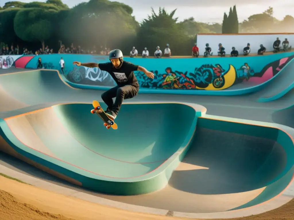 Grupo diverso de skaters y riders de BMX en un bullicioso skatepark en Uruguay, reflejando la energía vibrante de la escena local