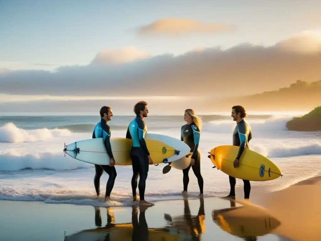 Un grupo diverso de surfistas de todas las edades y orígenes se reúnen en una playa en Uruguay al atardecer, compartiendo historias y risas