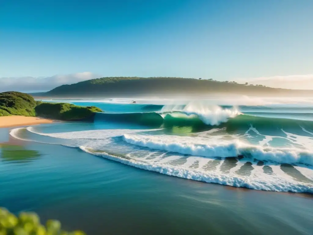 Grupo diverso de surfistas disfrutando las olas en una playa de Uruguay, reflejando turismo responsable en el surf