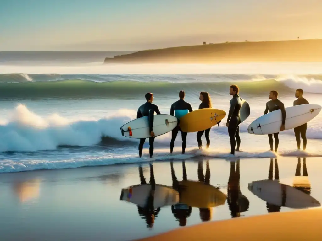 Grupo diverso de surfistas en la playa de Uruguay al atardecer, listos para surfear