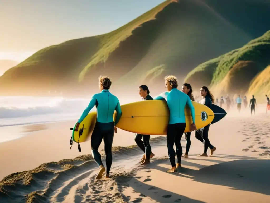 Grupo diverso de surfistas llevando tablas hacia el mar al atardecer en Uruguay