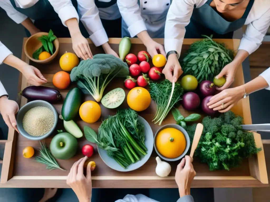 Grupo diverso en taller de cocina vegetariana en Uruguay, preparando platos con ingredientes locales