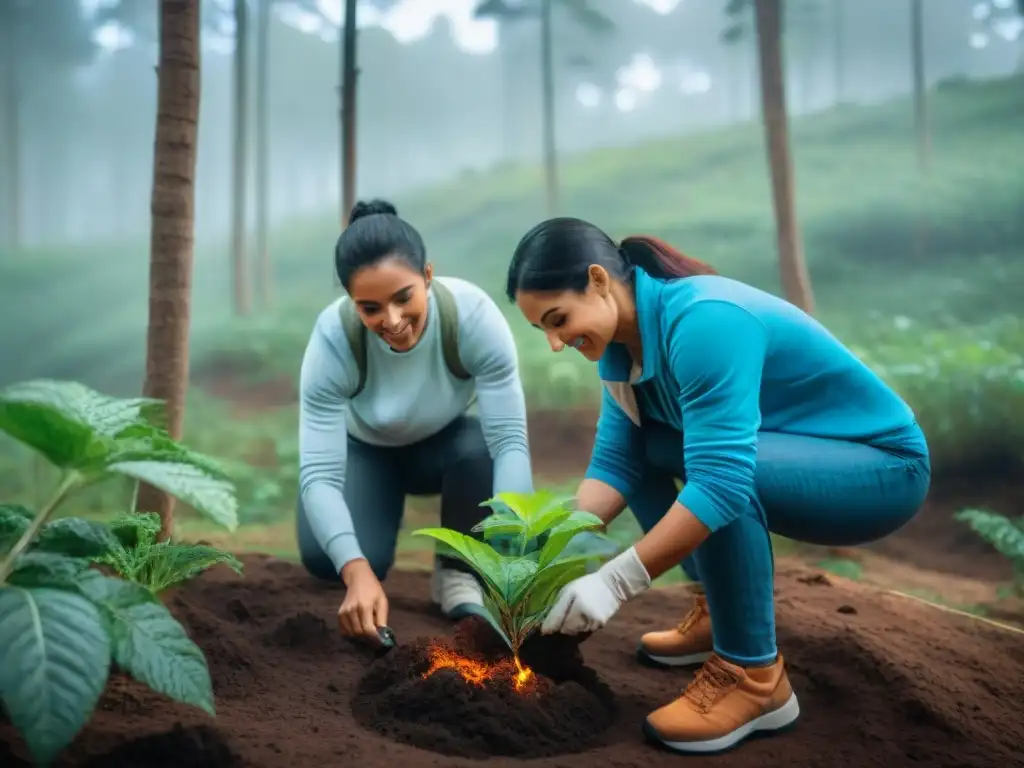 Grupo diverso de turistas plantando árboles en un bosque exuberante en Uruguay, promoviendo el turismo responsable en Uruguay