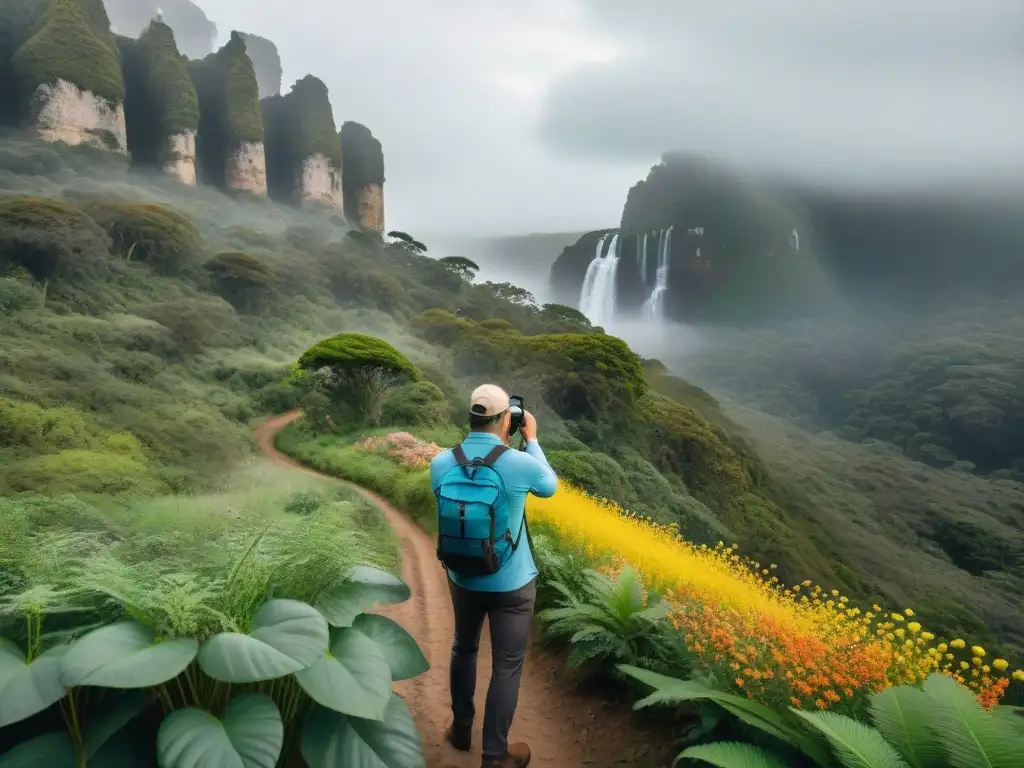 Grupo diverso de turistas disfrutando de una caminata guiada por la exuberante naturaleza de Uruguay, en conexión armoniosa con la guía local