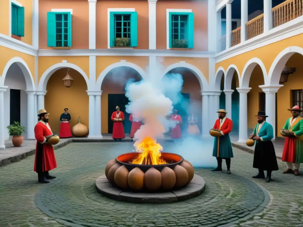 Un grupo diverso de turistas participa en una ceremonia tradicional de mate en un encantador patio colonial en Colonia del Sacramento, Uruguay