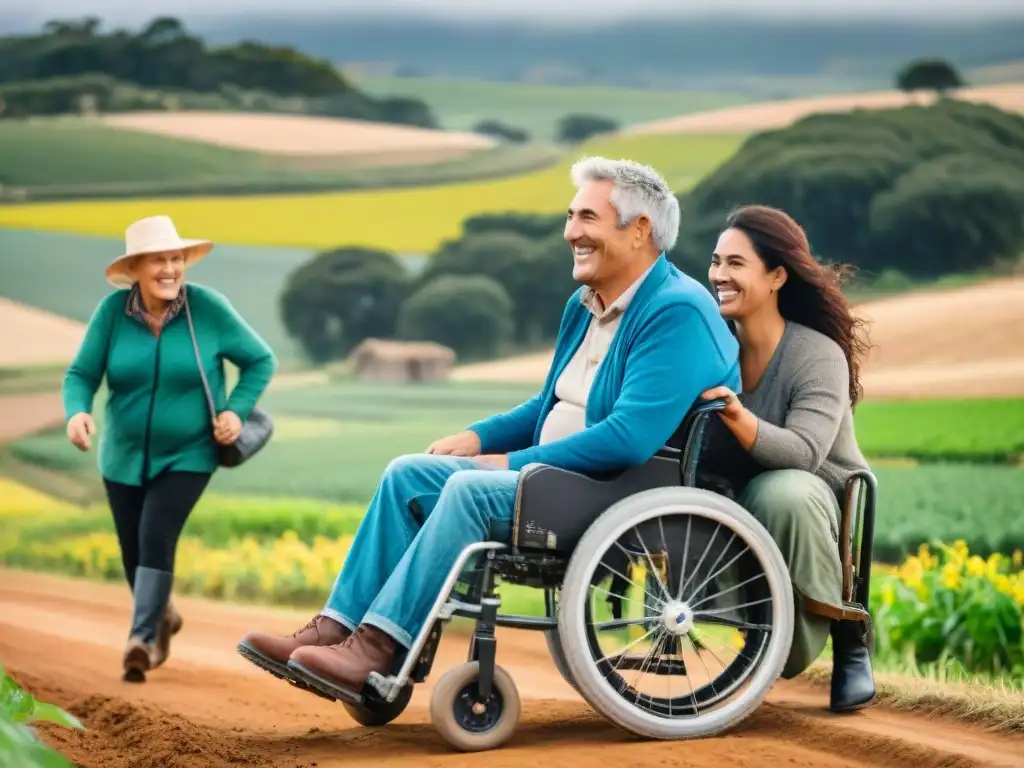 Grupo diverso de turistas con discapacidades disfrutando de un tour inclusivo en un paisaje rural de Uruguay