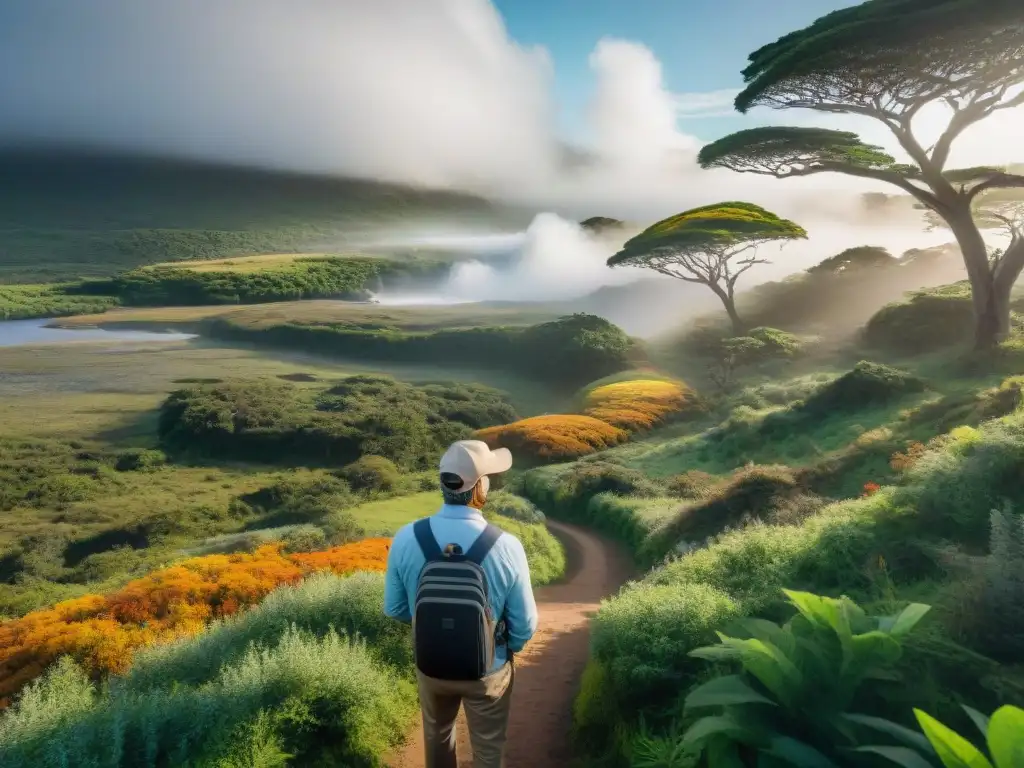 Un grupo diverso de turistas participando en un ecotour guiado por Uruguay, resaltando la belleza natural